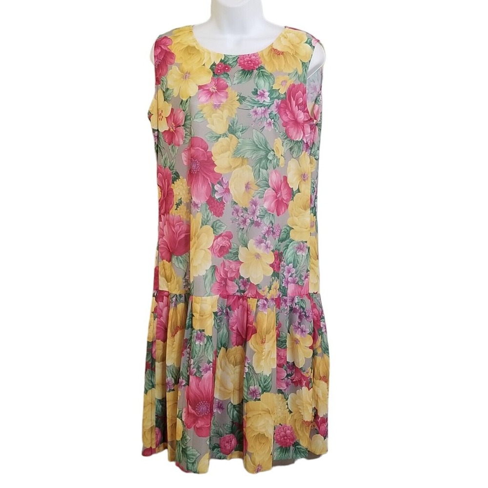 Vintage Womens Dress M/L Two Piece Below Knee Drop Waist Floral Pleated Yellow